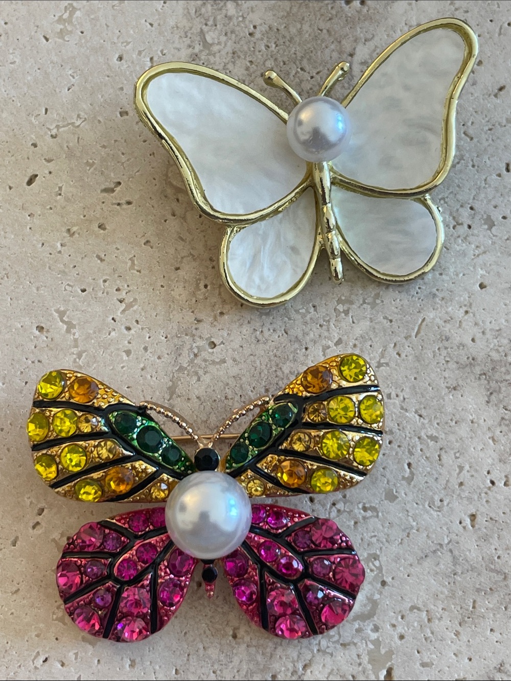 Butterfly Brooch Bundle Lot 2 Mother of Pearl & Multicolor Rhinestone Statement